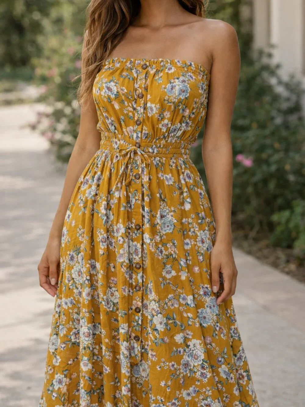 Socialite Strapless Floral Maxi Dress Yellow Smocked Waist Slit Size S - Picture 4 of 5